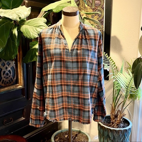 Anthropologie Blue Plaid Frayed Edging Popover top - Picture 1 of 13